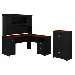 Bush Furniture Fairview 60W L Shaped Desk with Hutch and Storage Cabinet with File Drawer, Antique Black/Hansen Cherry