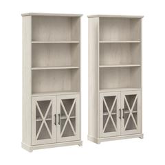 Farmhouse 5 Shelf Bookcase with Glass Doors - Set of 2 in Linen White Oak