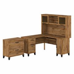 Bush Furniture Somerset 60W L Shaped Desk with Hutch and Lateral File Cabinet, Fresh Walnut