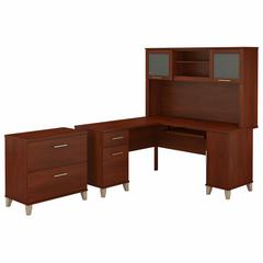 Bush Furniture Somerset 60W L Shaped Desk with Hutch and Lateral File Cabinet, Hansen Cherry