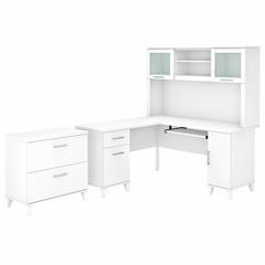 Bush Furniture Somerset 60W L Shaped Desk with Hutch and Lateral File Cabinet, White