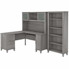 Bush Furniture Somerset 60W L Shaped Desk with Hutch and 5 Shelf Bookcase, Platinum Gray