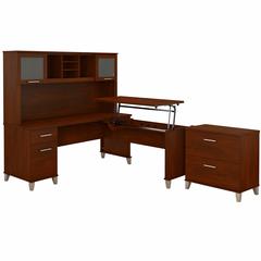Bush Furniture Somerset 72W 3 Position Sit to Stand L Shaped Desk with Hutch and File Cabinet, Hansen Cherry