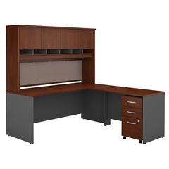 72W L Shaped Desk with Hutch and Mobile File Cabinet in Hansen Cherry