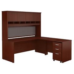 72W L Shaped Desk with Hutch and Mobile File Cabinet in Mahogany
