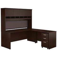 72W L Shaped Desk with Hutch and Mobile File Cabinet in Mocha Cherry
