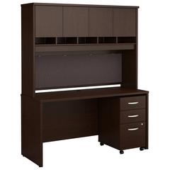 60W x 24D Office Desk with Hutch and Mobile File Cabinet in Mocha Cherry