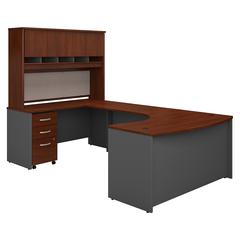 60W Left Handed Bow Front U Shaped Desk with Hutch and Storage in Hansen Cherry
