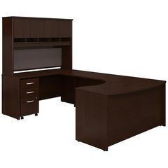 60W Left Handed Bow Front U Shaped Desk with Hutch and Storage in Mocha Cherry