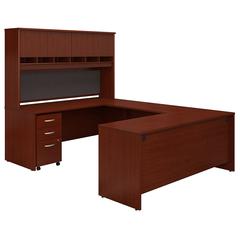72W U Shaped Desk with Hutch and Storage in Mahogany