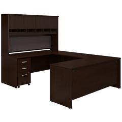 72W U Shaped Desk with Hutch and Storage in Mocha Cherry