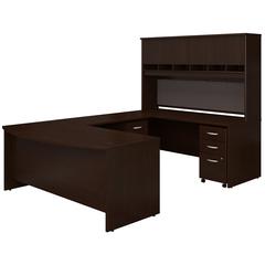 72W Bow Front U Shaped Desk with Hutch and Storage in Mocha Cherry