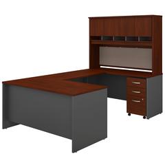 60W U Shaped Desk with Hutch and Mobile File Cabinet in Hansen Cherry