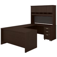 60W U Shaped Desk with Hutch and Mobile File Cabinet in Mocha Cherry