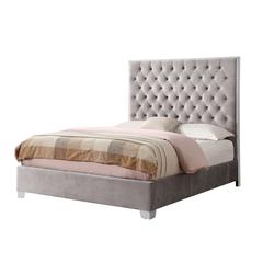 King Upholstered Bed with Velvet Fabric, Chrome Trim, Button Tufted Headboard