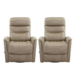 Tan linen swivel glider recliner set with transitional style and plush seating