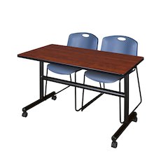 48 x 30 in. Flip-Top Training Nesting Table- Cherry, 2 Zeng Stack Chairs- Blue