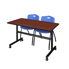 48 x 30 in. Flip-Top Training Nesting Table- Cherry, 2 M Stack Chairs- Blue