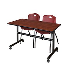 48 x 30 in. Flip-Top Training Nesting Table- Cherry, 2 M Stack Chairs- Burgundy