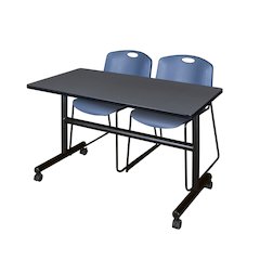 48 x 30 in. Flip-Top Training Nesting Table- Grey, 2 Zeng Stack Chairs- Blue