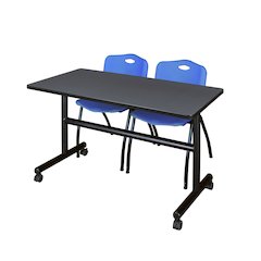 48 x 30 in. Flip-Top Training Nesting Table- Grey, 2 M Stack Chairs- Blue