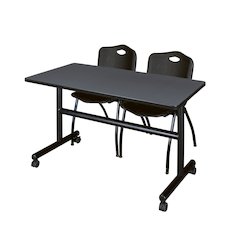 48 x 30 in. Flip-Top Training Nesting Table- Grey, 2 M Stack Chairs- Black