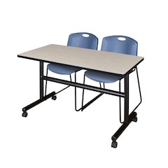 48 x 30 in. Flip-Top Training Nesting Table- Maple, 2 Zeng Stack Chairs- Blue