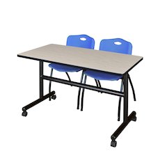 48 x 30 in. Flip-Top Training Nesting Table- Maple, 2 M Stack Chairs- Blue