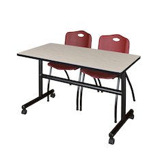 48 x 30 in. Flip-Top Training Nesting Table- Maple, 2 M Stack Chairs- Burgundy