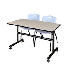 48 x 30 in. Flip-Top Training Nesting Table- Maple, 2 M Stack Chairs- Grey