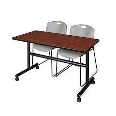 48 x 24 in. Flip-Top Training Nesting Table- Cherry, 2 Zeng Stack Chairs- Grey