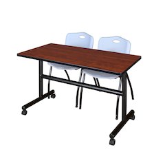48 x 24 in. Flip-Top Training Nesting Table- Cherry, 2 M Stack Chairs- Grey