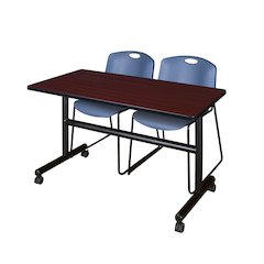 48 x 24 in. Flip-Top Training Nesting Table- Mahogany, 2 Zeng Stack Chairs- Blue