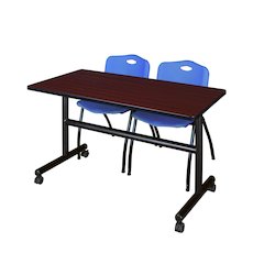 48 x 24 in. Flip-Top Training Nesting Table- Mahogany, 2 M Stack Chairs- Blue