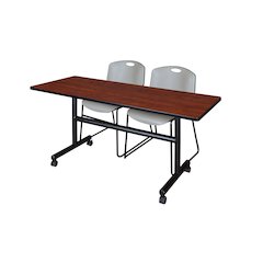 60 x 24 in. Flip-Top Training Nesting Table- Cherry, 2 Zeng Stack Chairs- Grey