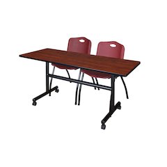 60 x 24 in. Flip-Top Training Nesting Table- Cherry, 2 M Stack Chairs- Burgundy