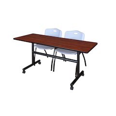 60 x 24 in. Flip-Top Training Nesting Table- Cherry, 2 M Stack Chairs- Grey