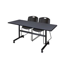60 x 24 in. Flip-Top Training Nesting Table- Grey, 2 Zeng Stack Chairs- Black