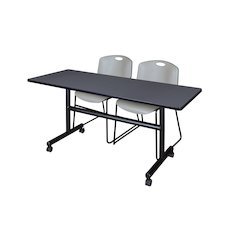 60 x 24 in. Flip-Top Training Nesting Table- Grey, 2 Zeng Stack Chairs- Grey