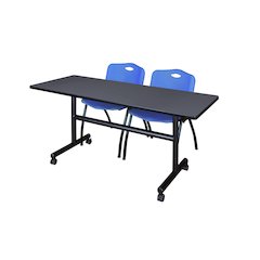 60 x 24 in. Flip-Top Training Nesting Table- Grey, 2 M Stack Chairs- Blue