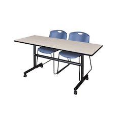 60 x 24 in. Flip-Top Training Nesting Table- Maple, 2 Zeng Stack Chairs- Blue