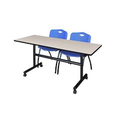 60 x 24 in. Flip-Top Training Nesting Table- Maple, 2 M Stack Chairs- Blue