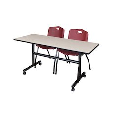 60 x 24 in. Flip-Top Training Nesting Table- Maple, 2 M Stack Chairs- Burgundy