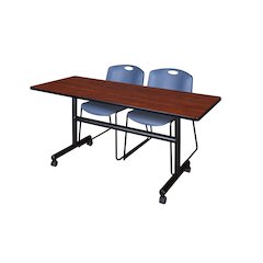 60 x 30 in. Flip-Top Training Nesting Table- Cherry, 2 Zeng Stack Chairs- Blue