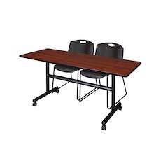 60 x 30 in. Flip-Top Training Nesting Table- Cherry, 2 Zeng Stack Chairs- Black