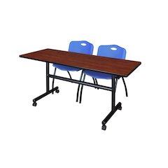 60 x 30 in. Flip-Top Training Nesting Table- Cherry, 2 M Stack Chairs- Blue