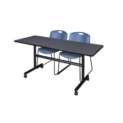 60 x 30 in. Flip-Top Training Nesting Table- Grey, 2 Zeng Stack Chairs- Blue
