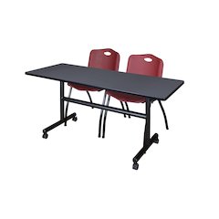 60 x 30 in. Flip-Top Training Nesting Table- Grey, 2 M Stack Chairs- Burgundy