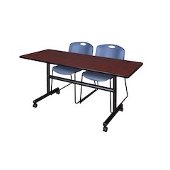 60 x 30 in. Flip-Top Training Nesting Table- Mahogany, 2 Zeng Stack Chairs- Blue