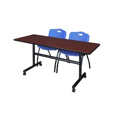 60 x 30 in. Flip-Top Training Nesting Table- Mahogany, 2 M Stack Chairs- Blue